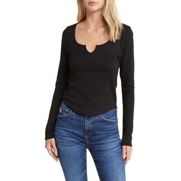 Madewell Split Neck Long Sleeve T-Shirt in True Black, XXL - Picture 1 of 3
